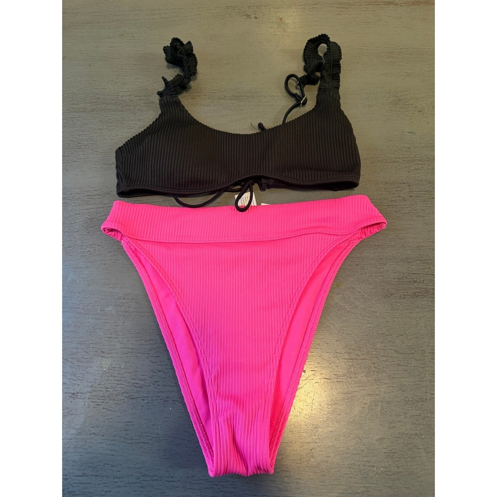 Hollister Swim Ribbed Bikini Set Black Ruffle Top Neon Pink High Waist Bottom S